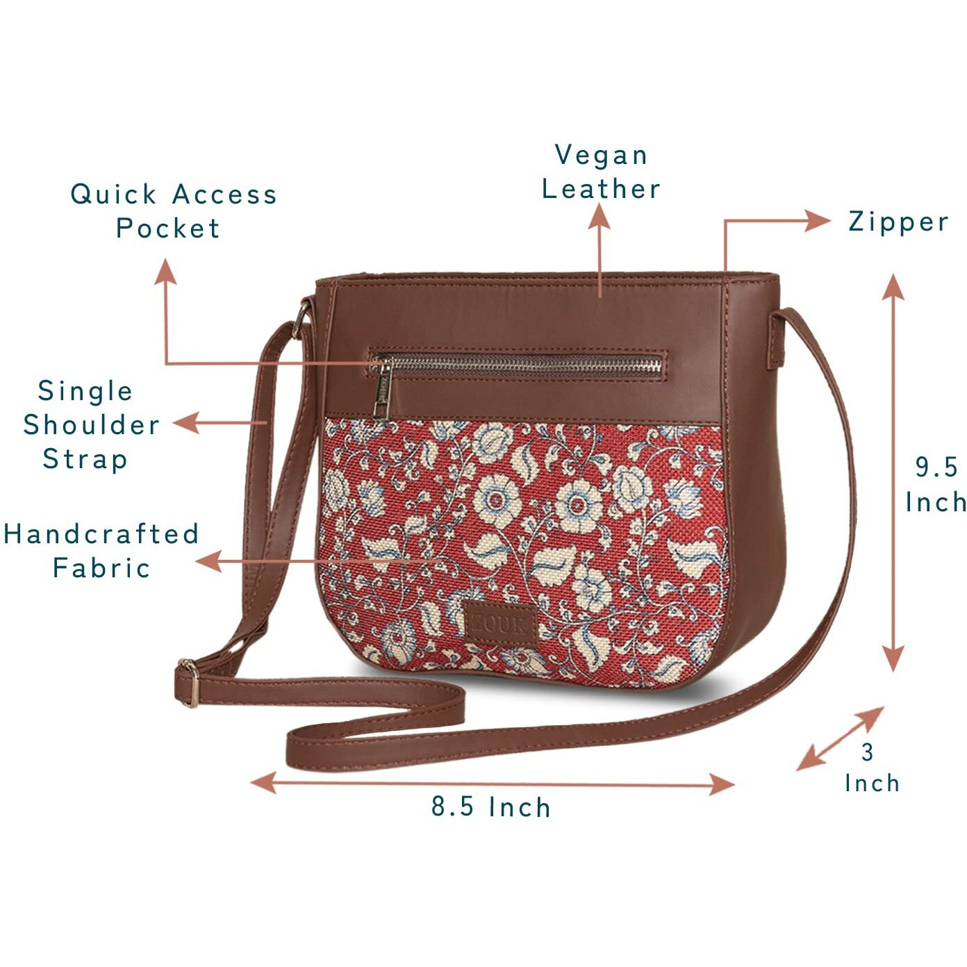 Zouk Women's Handcrafted Red Kalamkari U Shaped Sling Bag