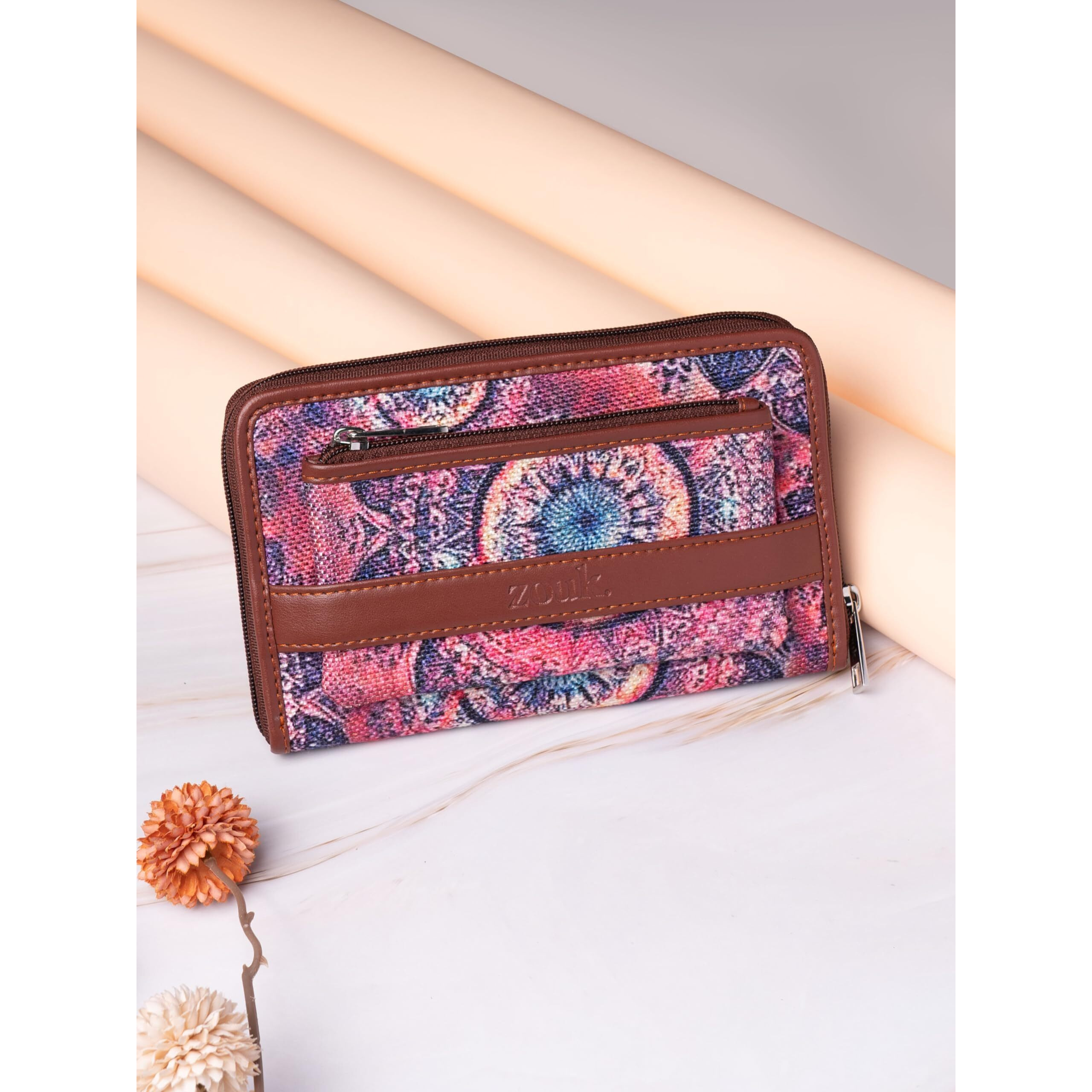 Zouk Women's Vegan Leather And Jute Space Chakra Print Handmade Classic Wallet With Mobile Phone Pocket - Multicolour