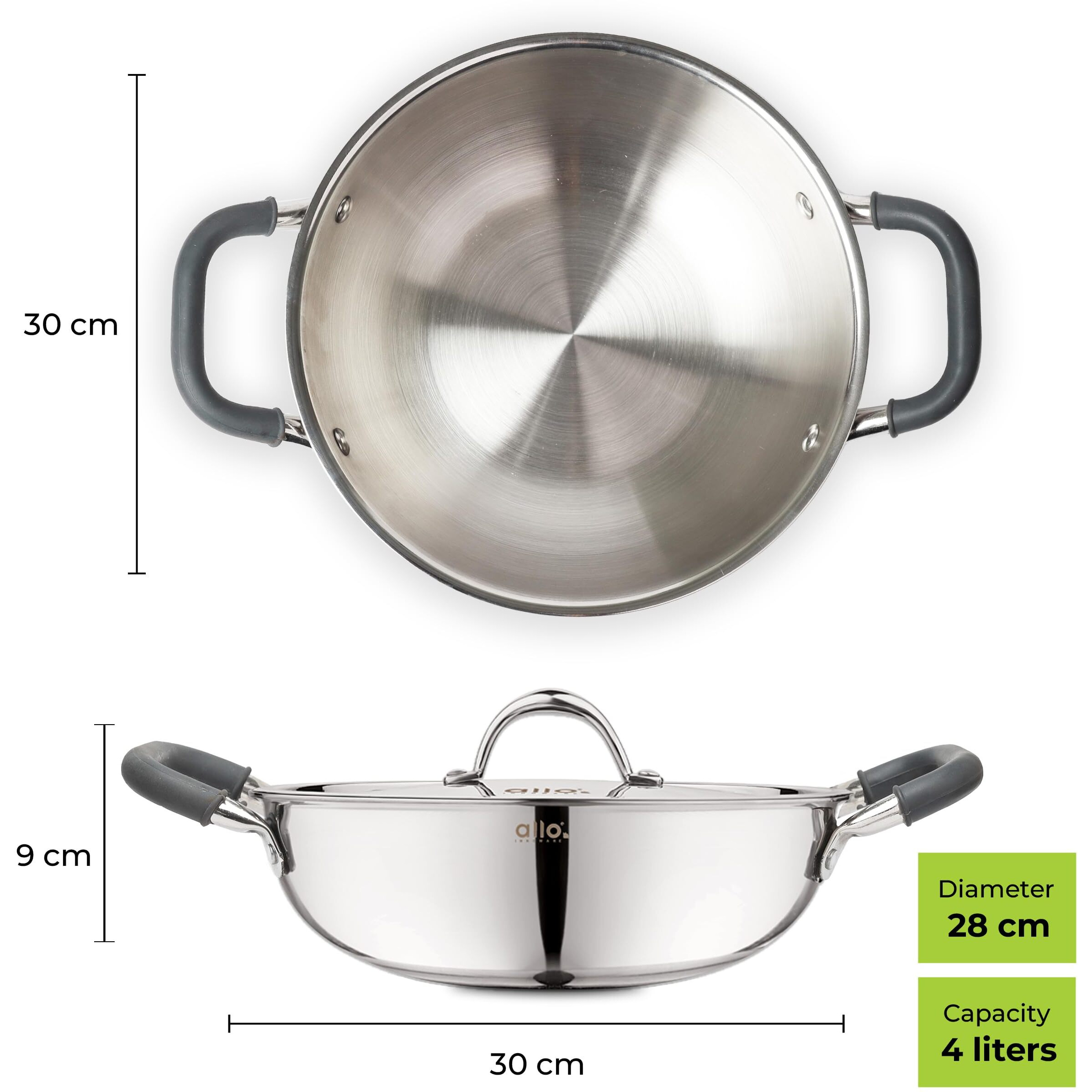 Allo Triply Stainless Steel Kadhai With Handles|Perfect Kadhai For Curry/Stir-Fry/Deep-Fry/Dryveg/Saut Induction Friendly Naturally Non-Stick With Lid | 10 Years Warranty, 28Cm, 4 Litres