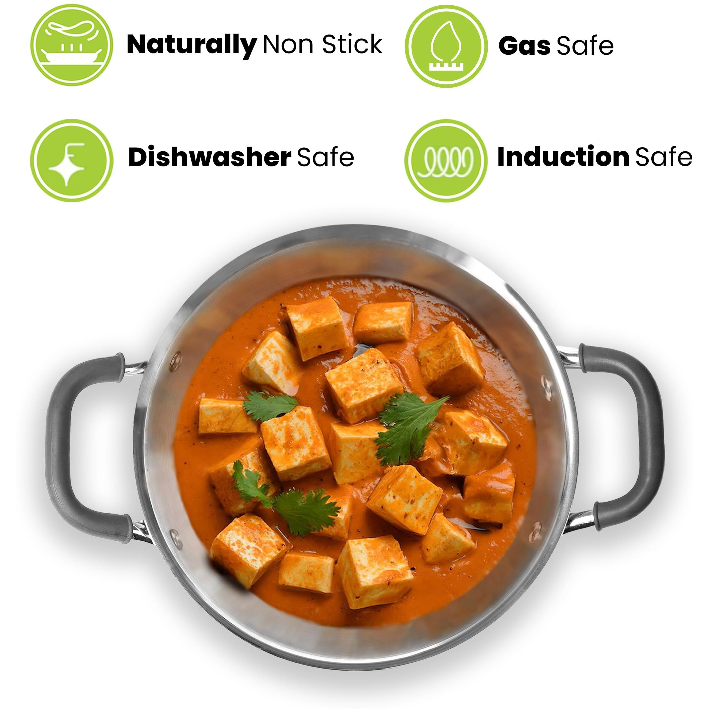 Allo Triply Stainless Steel Kadhai With Handles|Perfect Kadhai For Curry/Stir-Fry/Deep-Fry/Dryveg/Saut Induction Friendly Naturally Non-Stick With Lid | 10 Years Warranty, 28Cm, 4 Litres