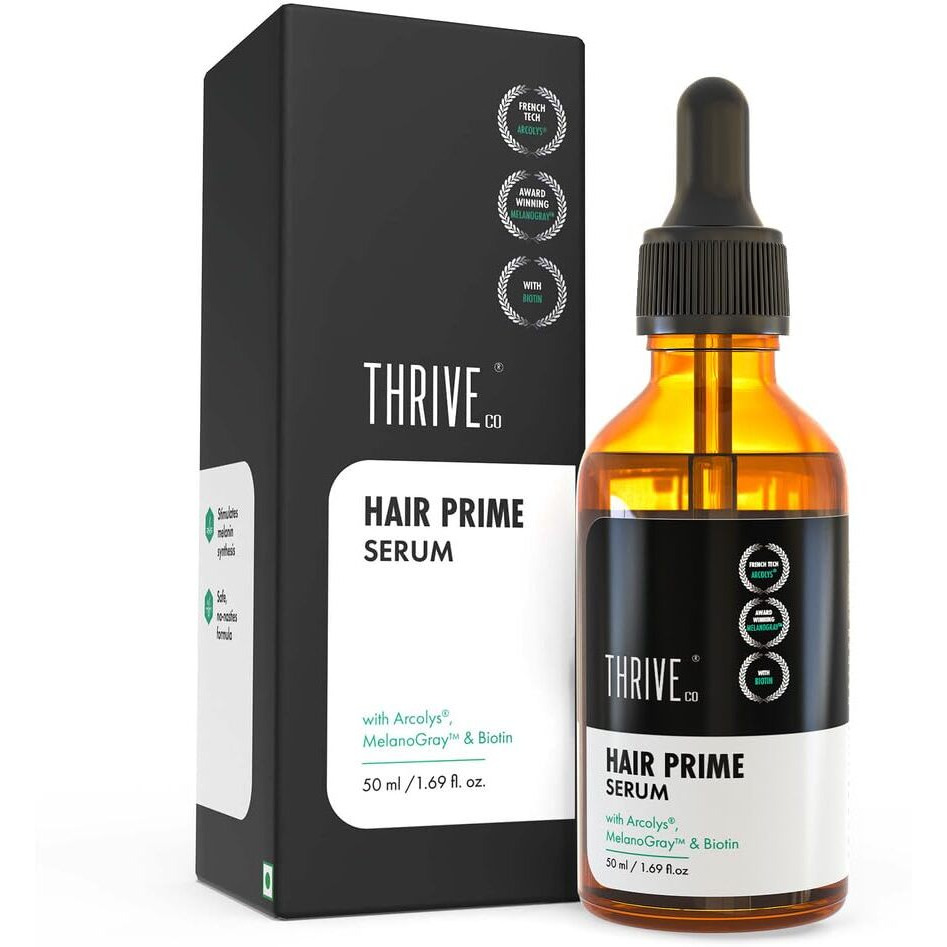 Thriveco Anti-Grey Hair Prime Serum | Reverses & Limits Hair Greying | Arcolys + Biotin + Black Tea Extract | Light-Weight, Non-Sticky & Odourless | For Men And Women | 50 Ml