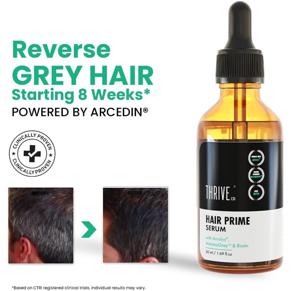 Thriveco Anti-Grey Hair Prime Serum | Reverses & Limits Hair Greying | Arcolys + Biotin + Black Tea Extract | Light-Weight, Non-Sticky & Odourless | For Men And Women | 50 Ml