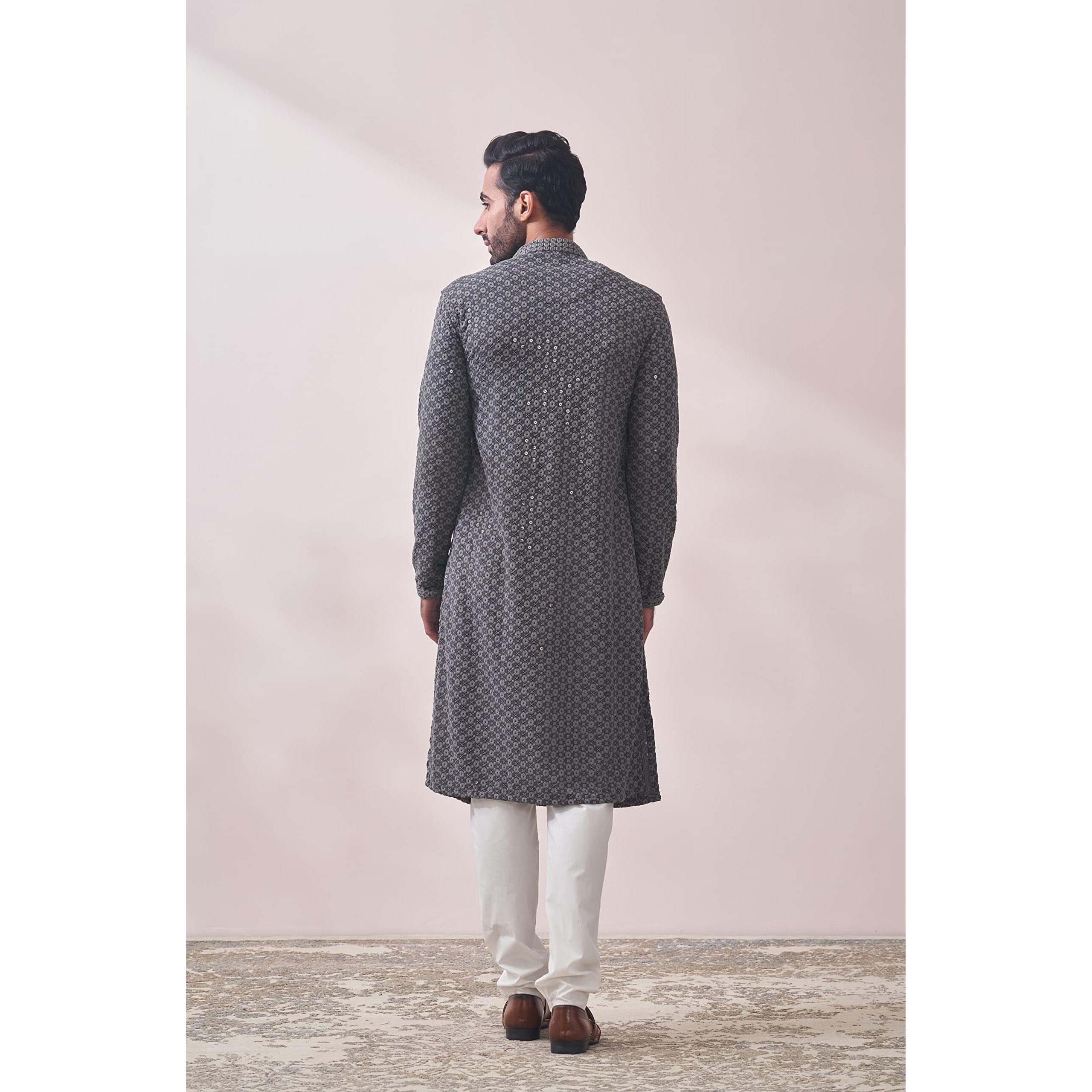 Manyavar Grey Viscose Full Sleeve Kurta Set Traditional Kurta Set For Men (Xl)