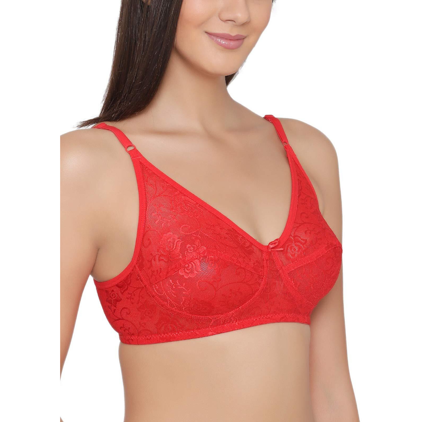 Clovia Women's Lace Solid Non-Padded Full Cup Wire Free Bra (Br0181Q04_Light Red_32B)