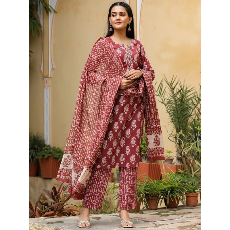 Vaamsi Rayon Blend Printed Kurta Palazzo Dupatta Set (Vkskd1030B_Xl_Maroon)