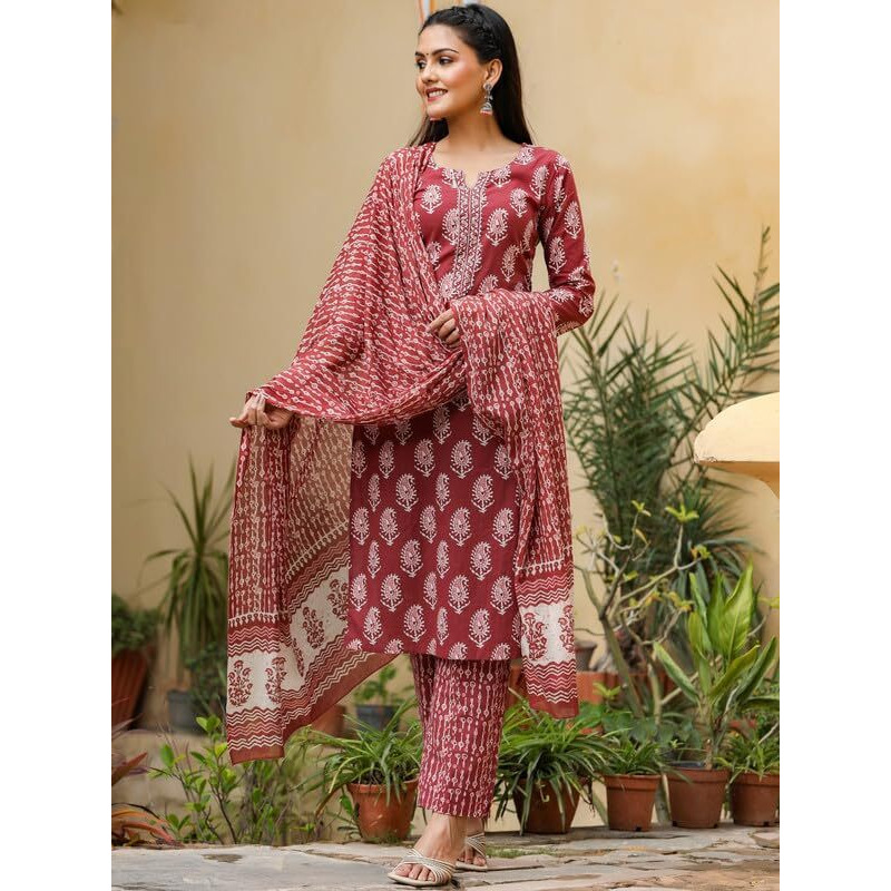 Vaamsi Rayon Blend Printed Kurta Palazzo Dupatta Set (Vkskd1030B_Xl_Maroon)
