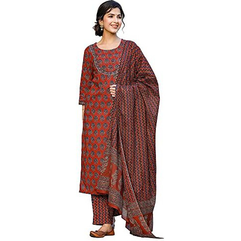 Vaamsi Women's Printed Kurta Pant Dupatta Set (Vkskd1237_S_Coral)