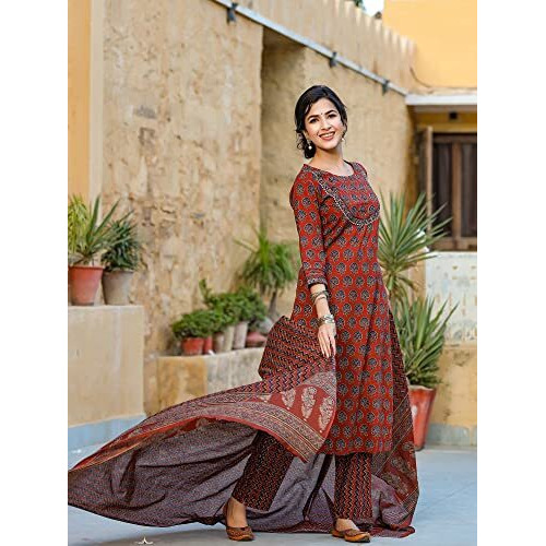 Vaamsi Women's Printed Kurta Pant Dupatta Set (Vkskd1237_S_Coral)