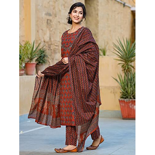Vaamsi Women's Printed Kurta Pant Dupatta Set (Vkskd1237_S_Coral)