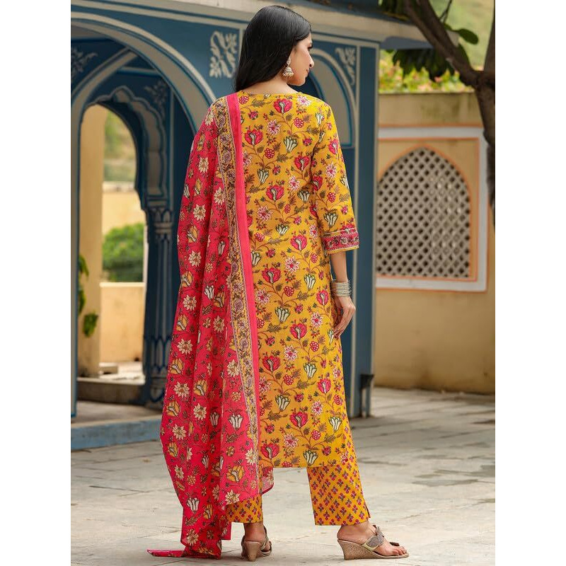Vaamsi Women's Pure Cotton Printed Kurta Pant Dupatta Set (Vkskd1241_S_Yellow)