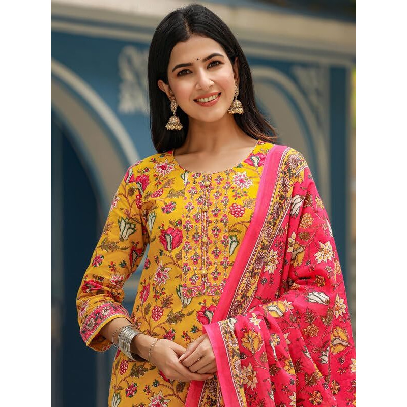 Vaamsi Women's Pure Cotton Printed Kurta Pant Dupatta Set (Vkskd1241_S_Yellow)