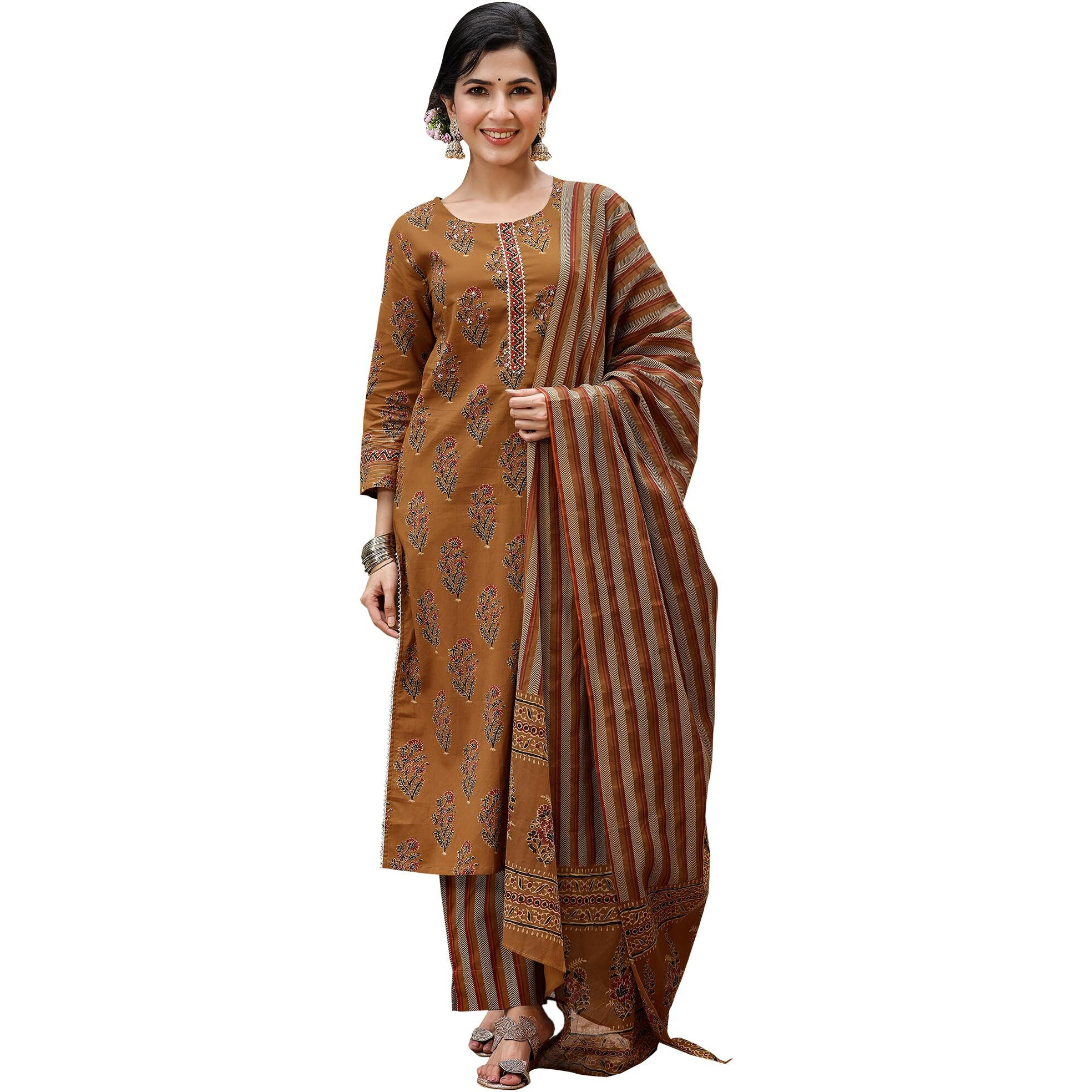 Vaamsi Women's Floral Printed Straight Kurta Pant With Dupatta Set (Vkskd1242_Brown_M)