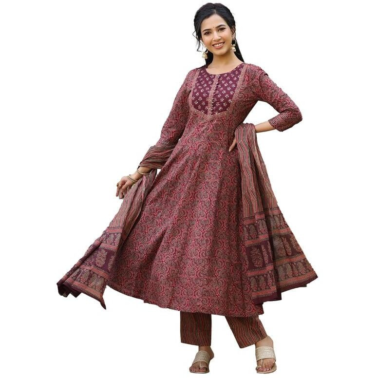 Vaamsi Women's Kalamkari Printed Anarkali Kurta Pant With Dupatta Set (Vkskd1300_Maroon_M)