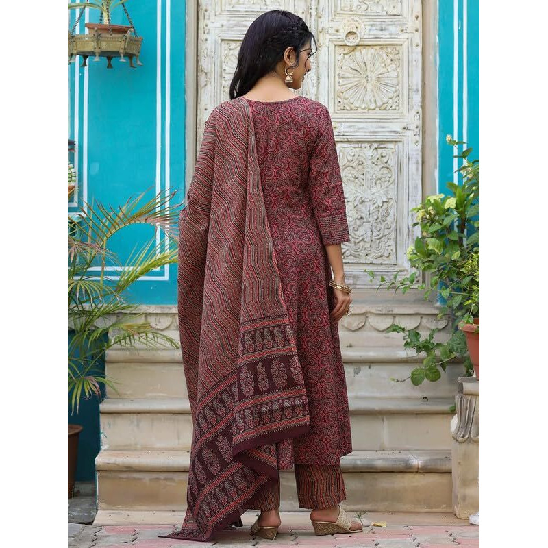 Vaamsi Women's Kalamkari Printed Anarkali Kurta Pant With Dupatta Set (Vkskd1300_Maroon_M)