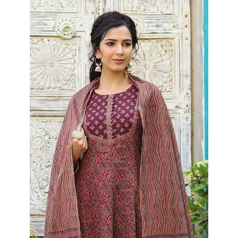 Vaamsi Women's Kalamkari Printed Anarkali Kurta Pant With Dupatta Set (Vkskd1300_Maroon_M)