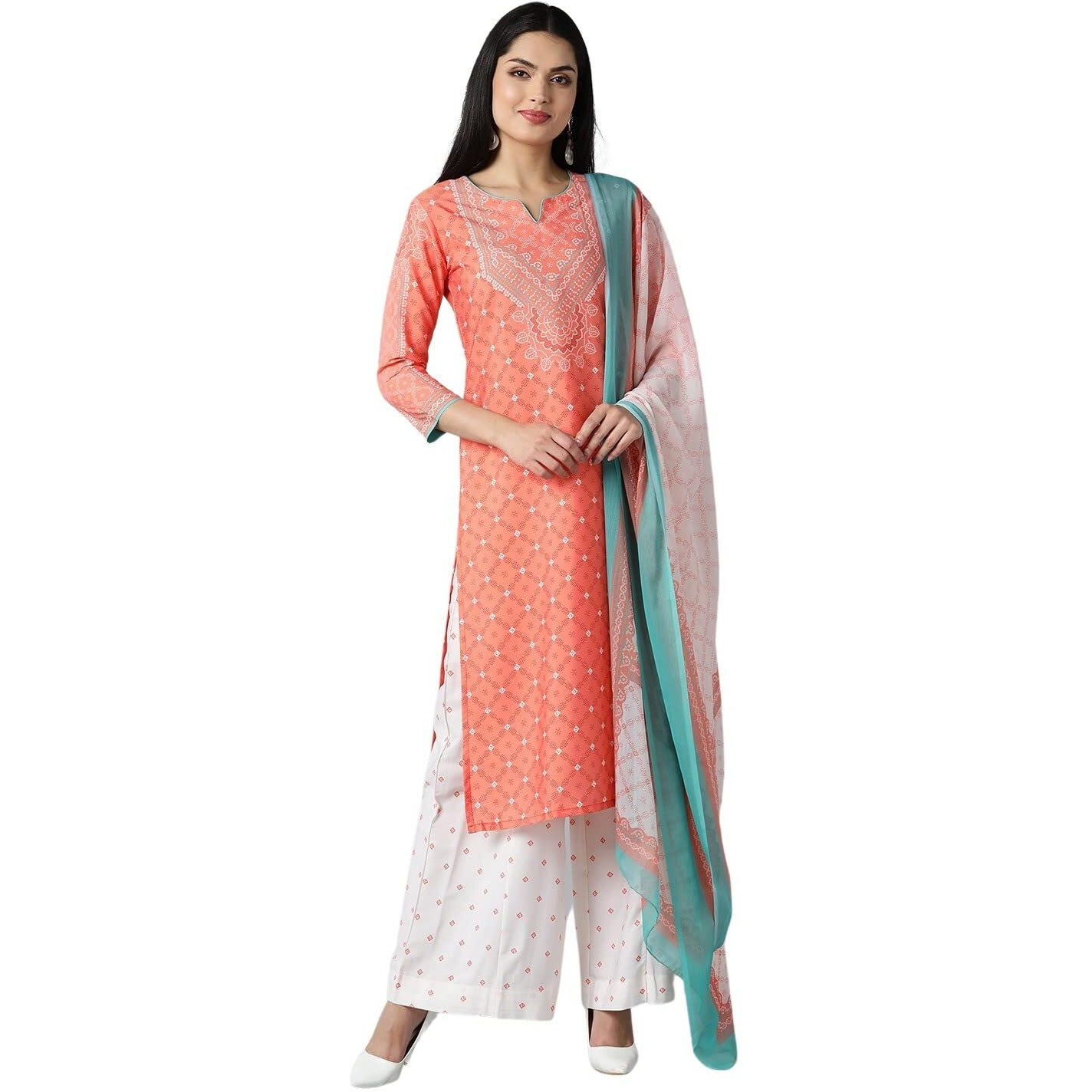 Vaamsi Women's Polyester Geometric Printed Straight Kurta Palazzo With Dupatta (Pkskd1069_Peach_M)