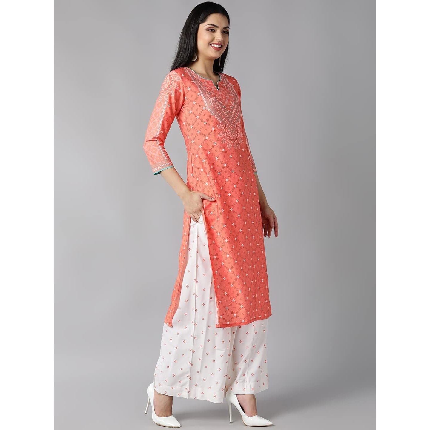 Vaamsi Women's Polyester Geometric Printed Straight Kurta Palazzo With Dupatta (Pkskd1069_Peach_M)