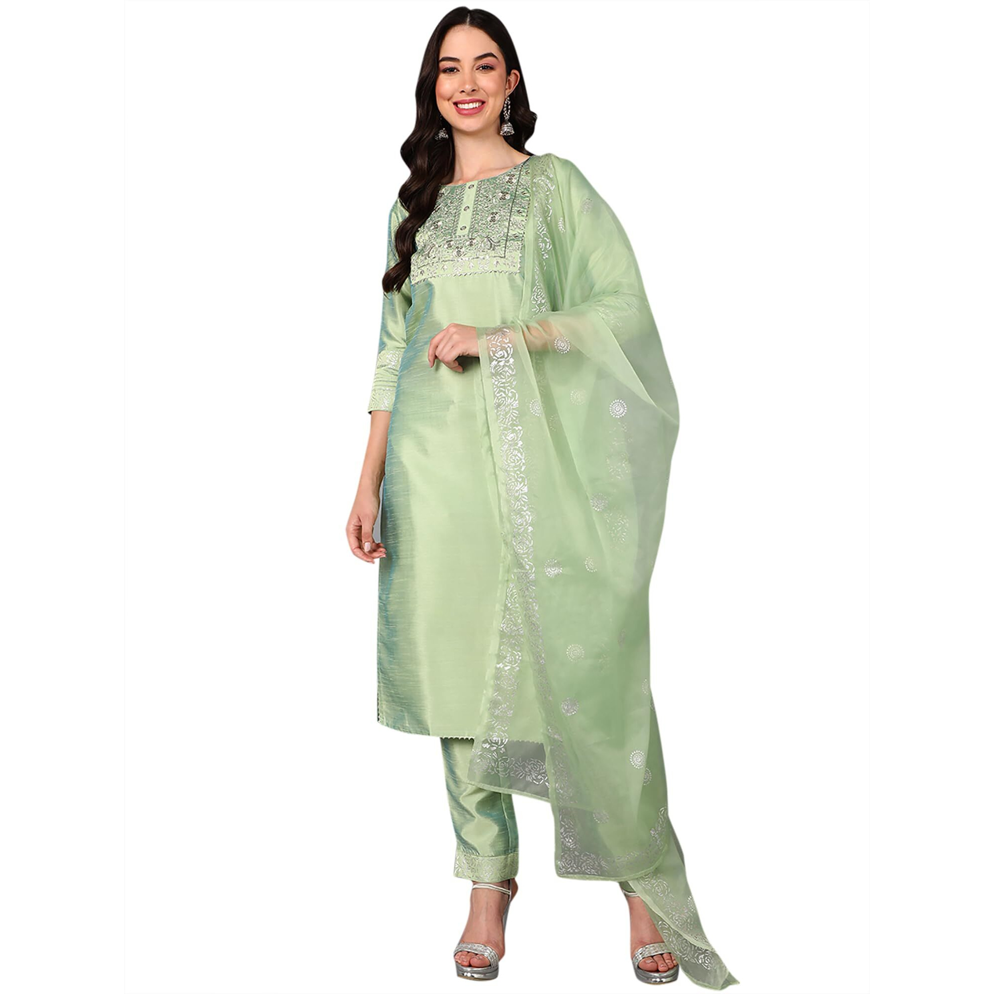 Vaamsi Women's Silk Blend Yoke Design Embroidered Straight Kurta Pant With Dupatta (Pkskd1431_Green_S)