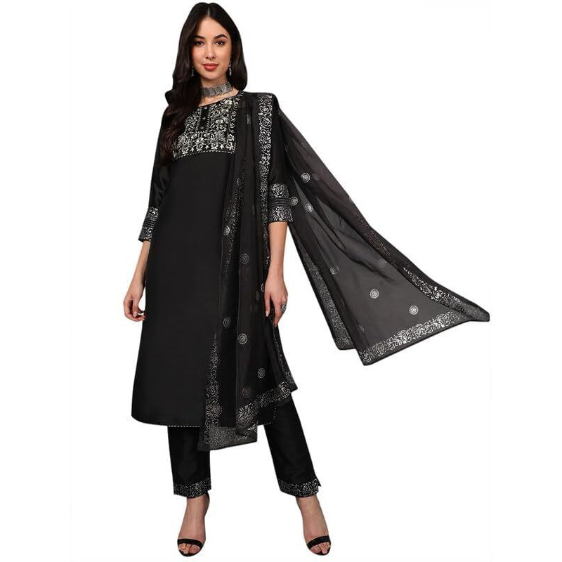 Vaamsi Women's Silk Blend Yoke Design Embroidered Straight Kurta Pant With Dupatta (Pkskd1434_Black_L)