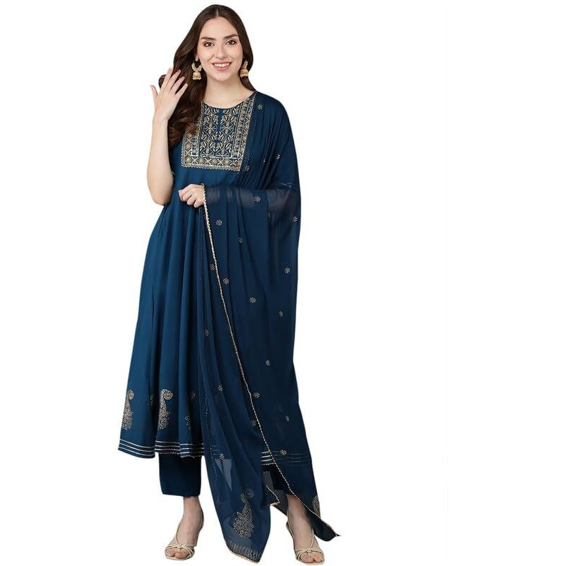 Vaamsi Women's Viscose Rayon Embroidered Kurta Pant With Dupatta (Vkskd1480_Xl_Teal)