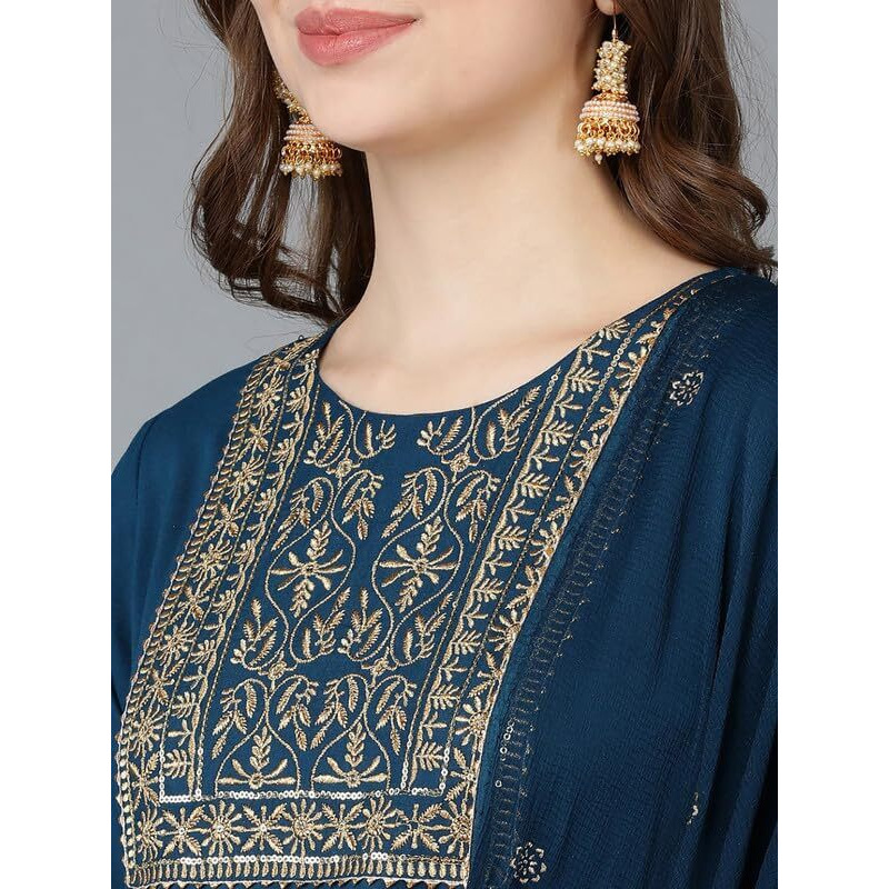Vaamsi Women's Viscose Rayon Embroidered Kurta Pant With Dupatta (Vkskd1480_Xl_Teal)