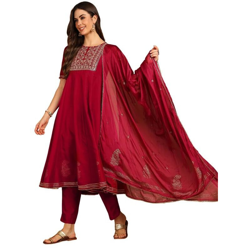 Vaamsi Women's Viscose Rayon Solid Anarkali Kurta Pant With Dupatta (Vkskd1482_Xxl_Burgundy)