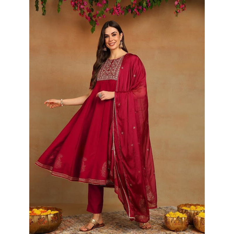 Vaamsi Women's Viscose Rayon Solid Anarkali Kurta Pant With Dupatta (Vkskd1482_Xxl_Burgundy)