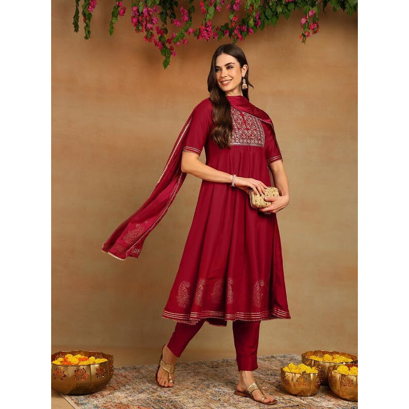 Vaamsi Women's Viscose Rayon Solid Anarkali Kurta Pant With Dupatta (Vkskd1482_Xxl_Burgundy)