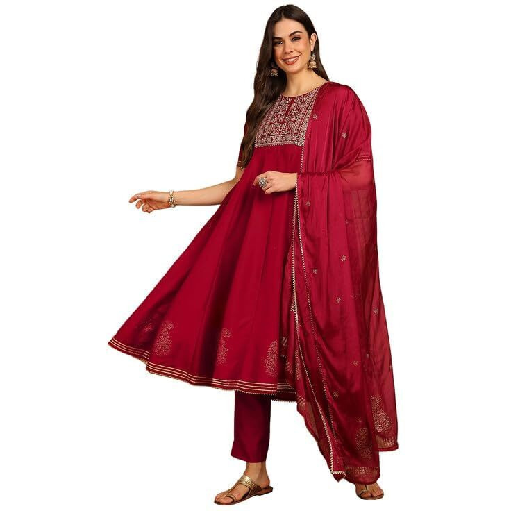 Vaamsi Women's Viscose Rayon Solid Anarkali Kurta Pant With Dupatta (Vkskd1482_3Xl_Burgundy)