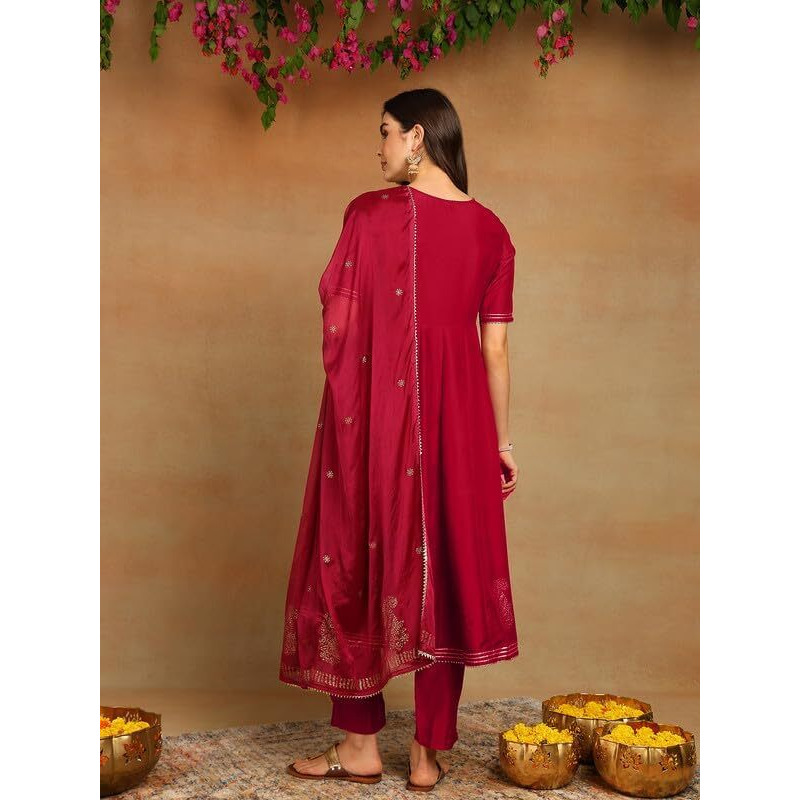 Vaamsi Women's Viscose Rayon Solid Anarkali Kurta Pant With Dupatta (Vkskd1482_3Xl_Burgundy)