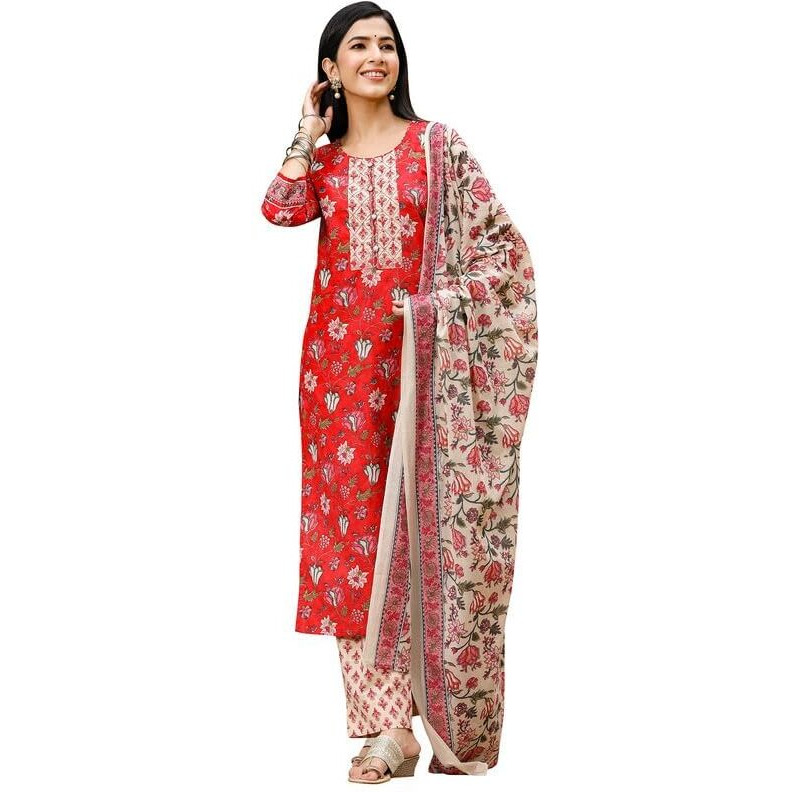 Vaamsi Women's Rayon Blend Floral Printed Straight Kurta Pant With Dupatta (Vkskd1235_X-Small, Red)