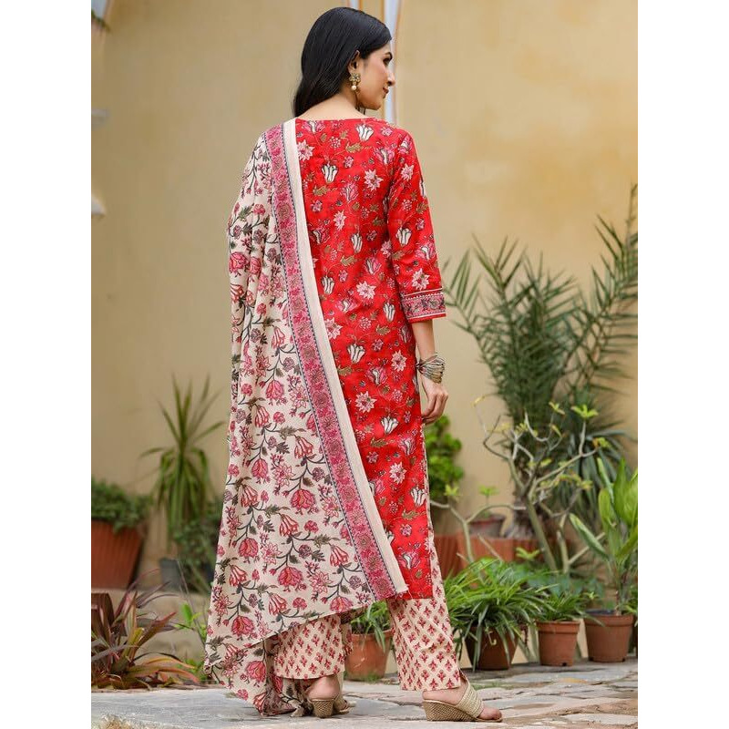 Vaamsi Women's Rayon Blend Floral Printed Straight Kurta Pant With Dupatta (Vkskd1235_X-Small, Red)
