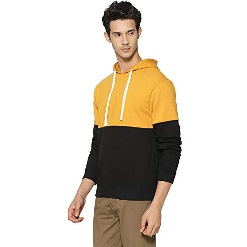 Campus Sutra Men's Cotton Hooded Neck Hoodie (Aaz19_Hhh_M_Pln_Musbl_Az_L_MustardBlack_L)