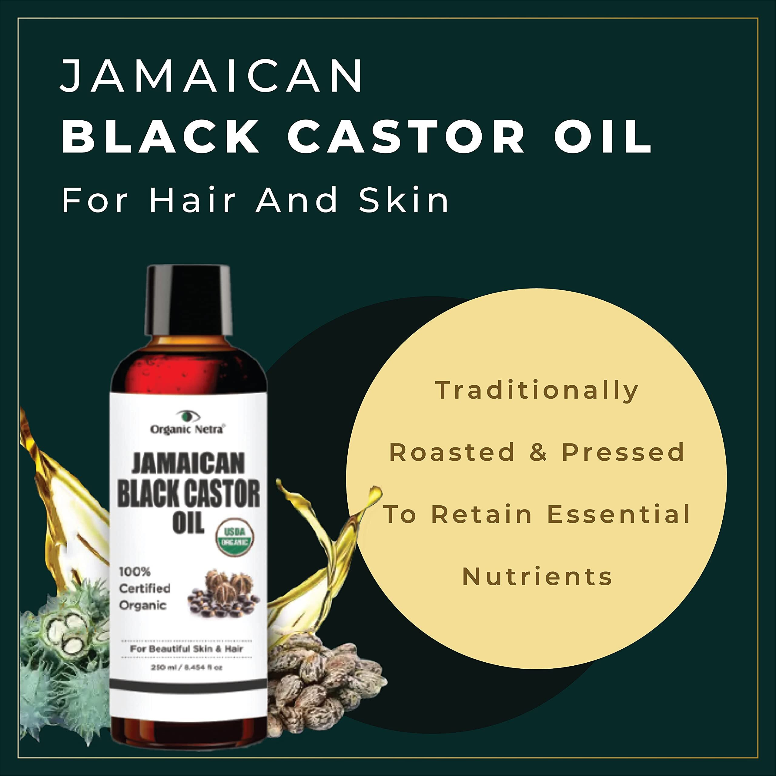Organic Netra Cold Pressed Jamaican Black Castor Oil For Hair Growth | For Healthy, Thick And Black Hair | Reduces Acne Marks And Fine Lines | For All Hair And Skin Types - 250Ml