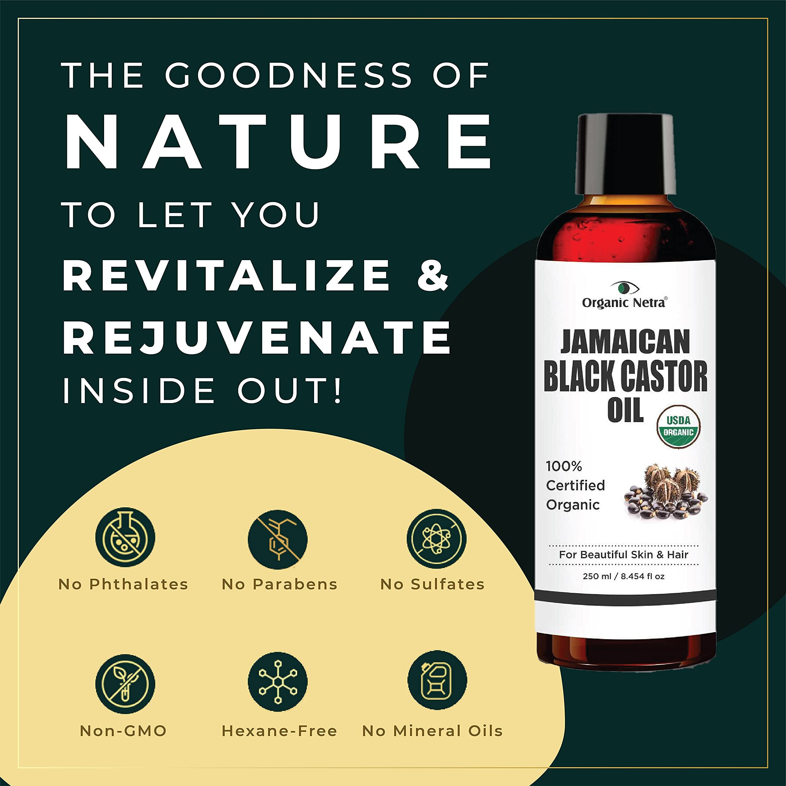 Organic Netra Cold Pressed Jamaican Black Castor Oil For Hair Growth | For Healthy, Thick And Black Hair | Reduces Acne Marks And Fine Lines | For All Hair And Skin Types - 250Ml