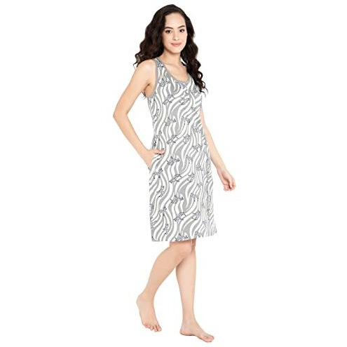 Clovia Women's Cotton Zebra Print Short Nightdress With Pocket (Ns1479P05_Grey_M)
