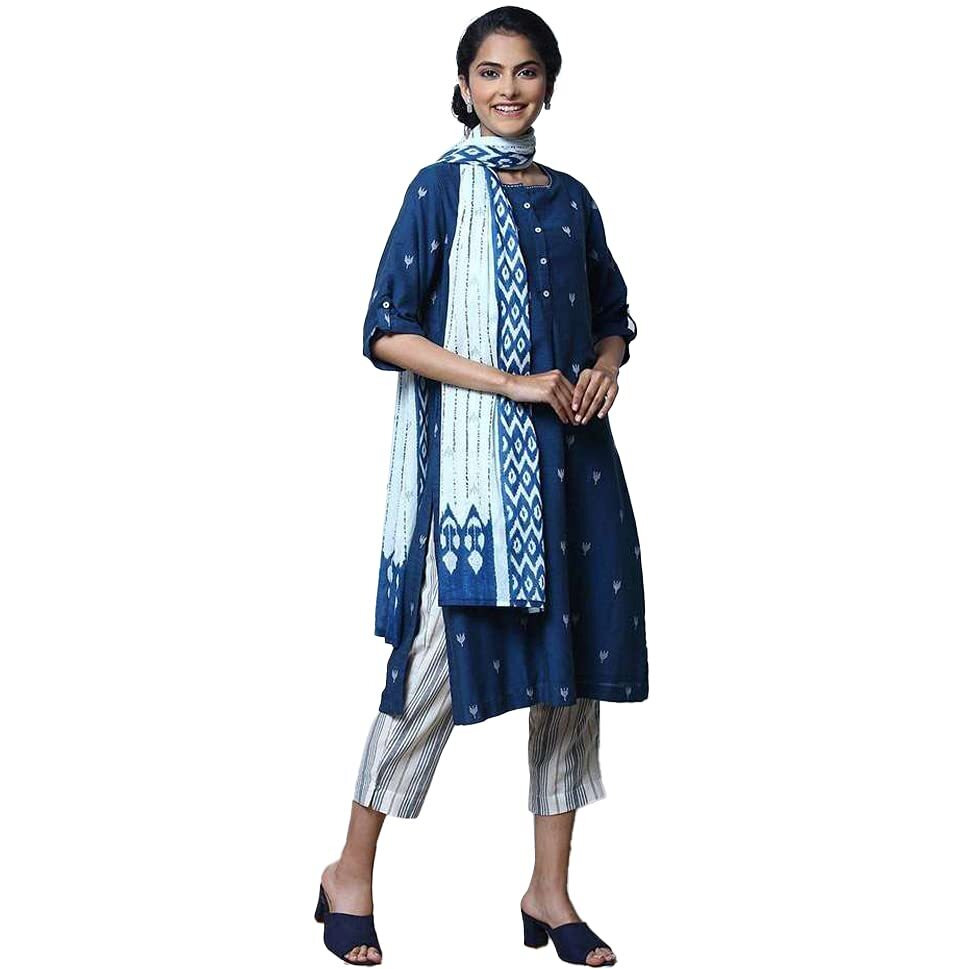 Biba Cotton Women Printed Narrow Salwar Kurta Dupatta(Skdassorted7367E_Navy Blue_34)
