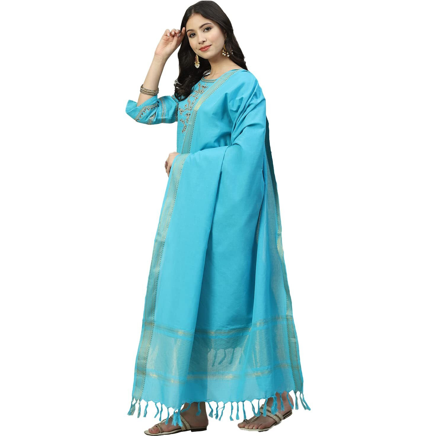 Biba Women Yarndyed Narrow Salwar Kurta Dupatta(Skdassorted6533E_Turquoise_32)