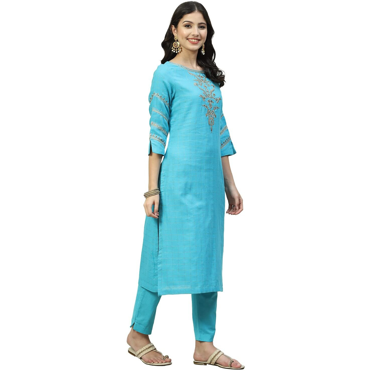 Biba Women Yarndyed Narrow Salwar Kurta Dupatta(Skdassorted6533E_Turquoise_32)