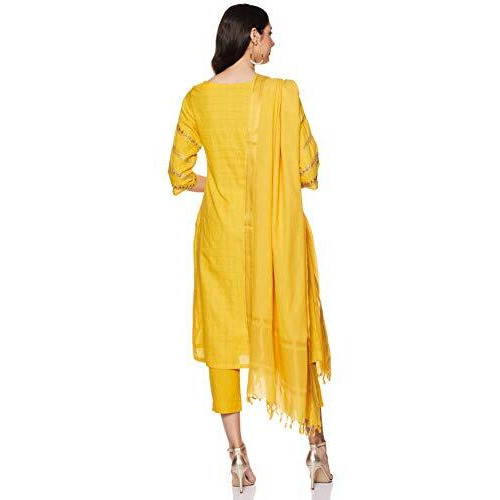 Biba Cotton Women Yarndyed Narrow Salwar Kurta Dupatta(Skdassorted6533E_Yellow_38)