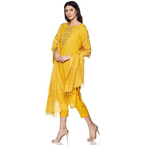 Biba Cotton Women Yarndyed Narrow Salwar Kurta Dupatta(Skdassorted6533E_Yellow_38)