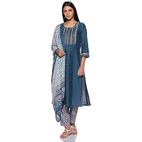 Biba Cotton Women Solid Narrow Salwar Kurta Dupatta(Skdskd6249E_Blue_34)
