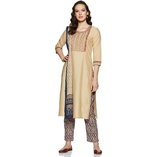 Biba Women's Beige Cotton Straight Regular Kurta With Pant Suit Set, Medium