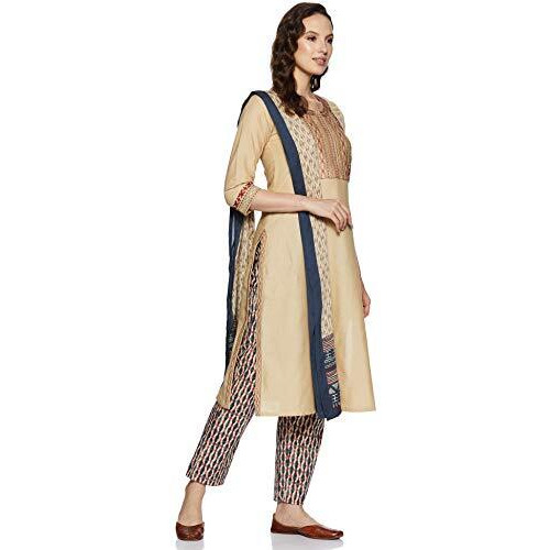 Biba Women's Beige Cotton Straight Regular Kurta With Pant Suit Set, Medium