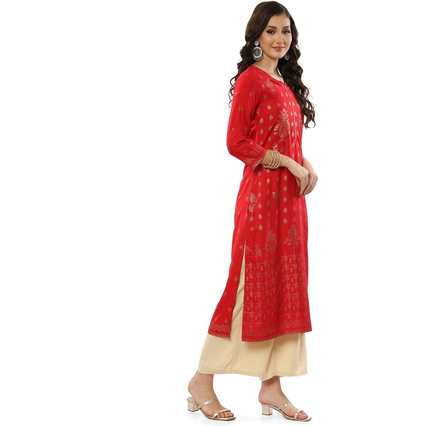 Biba Women Printed Straight Rayon Kurta-(Assorted18373_Red_M)