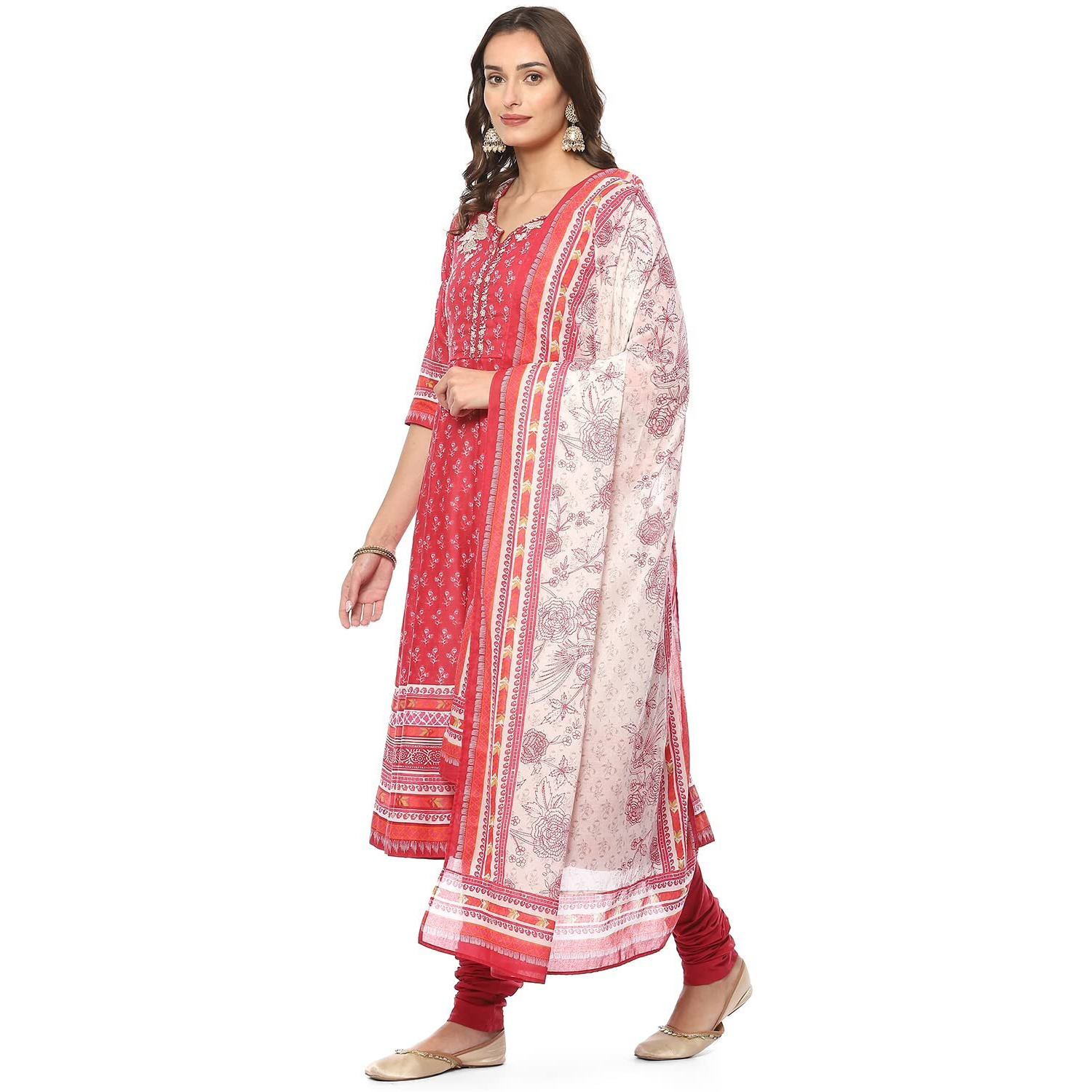 Biba Women Printed Fitted Salwar Kurta Dupatta(Skdassorted8618_Red_32)