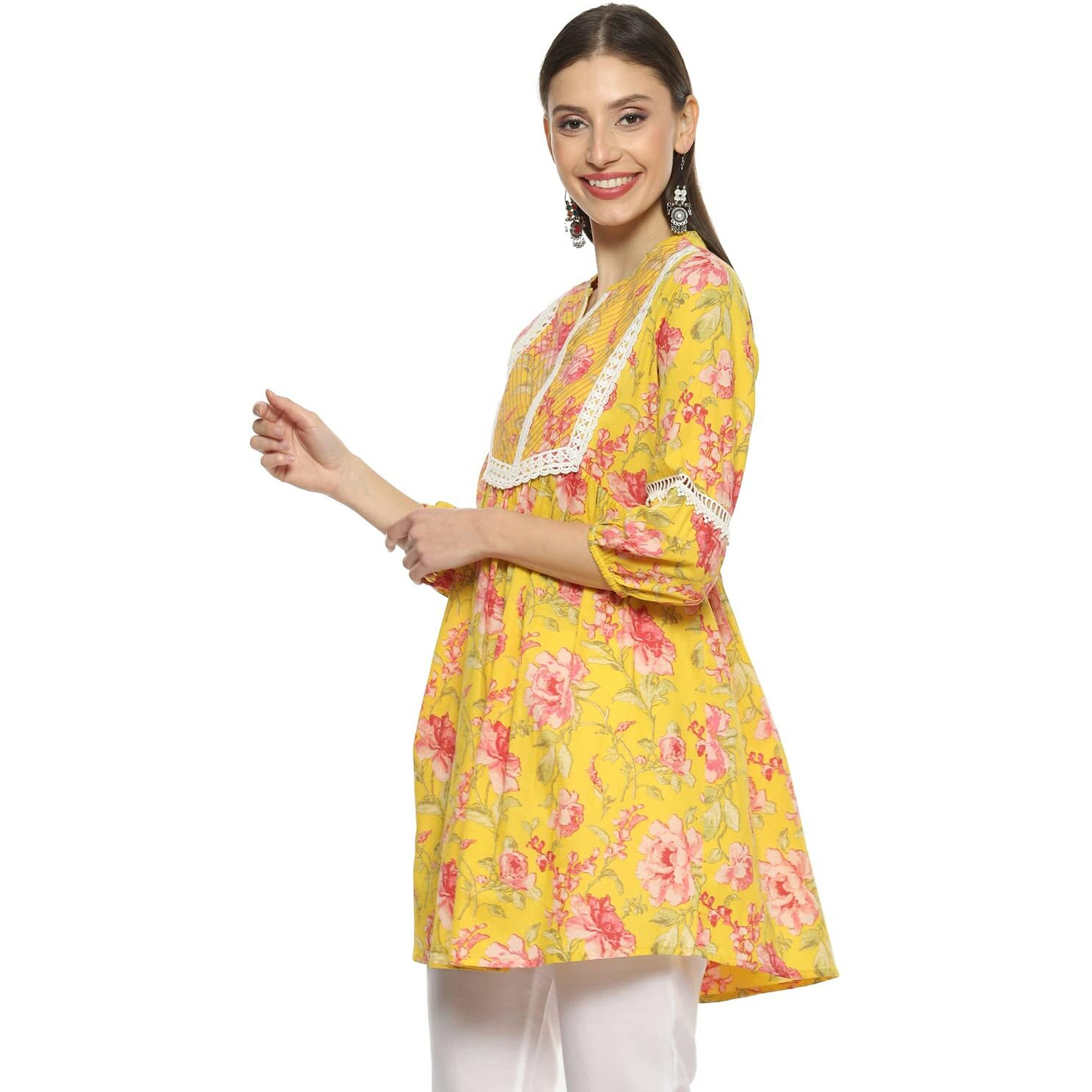 Biba Cotton Women Printed Regular, Kurti Mix And Match(Roses An19176_Yellow_38)