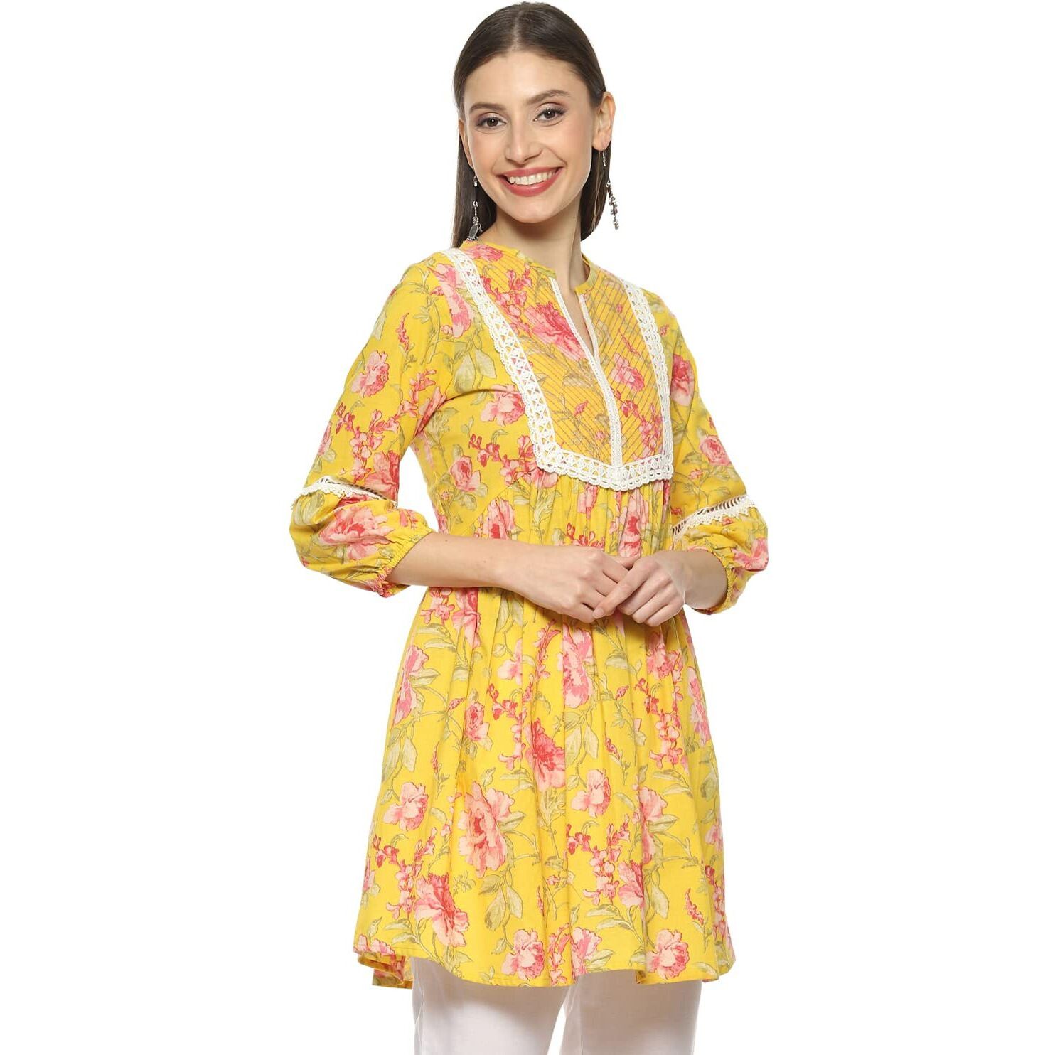 Biba Cotton Women Printed Regular, Kurti Mix And Match(Roses An19176_Yellow_38)