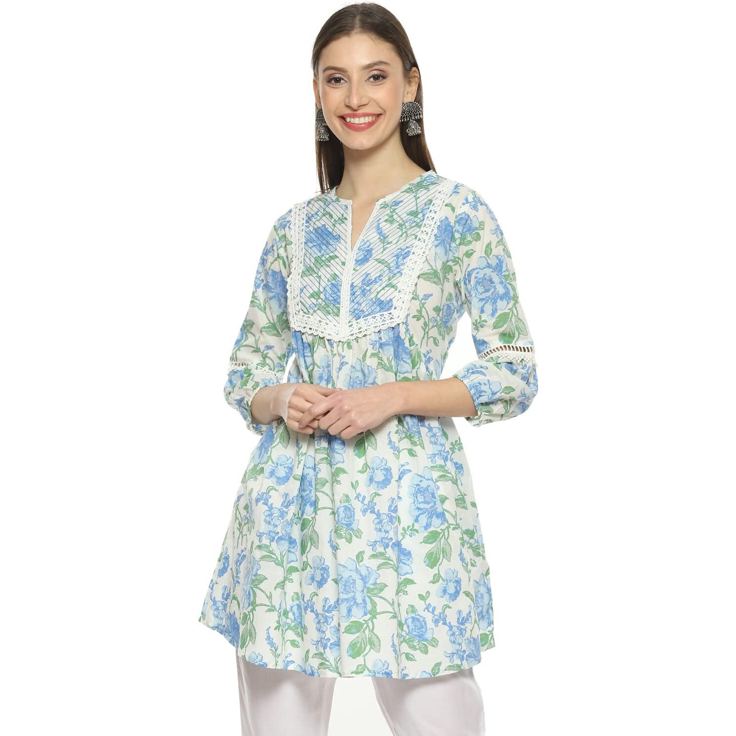 Biba Women's Printed Mix And Match(Roses An19176_Blue_42) - Cotton, Regular, Kurti