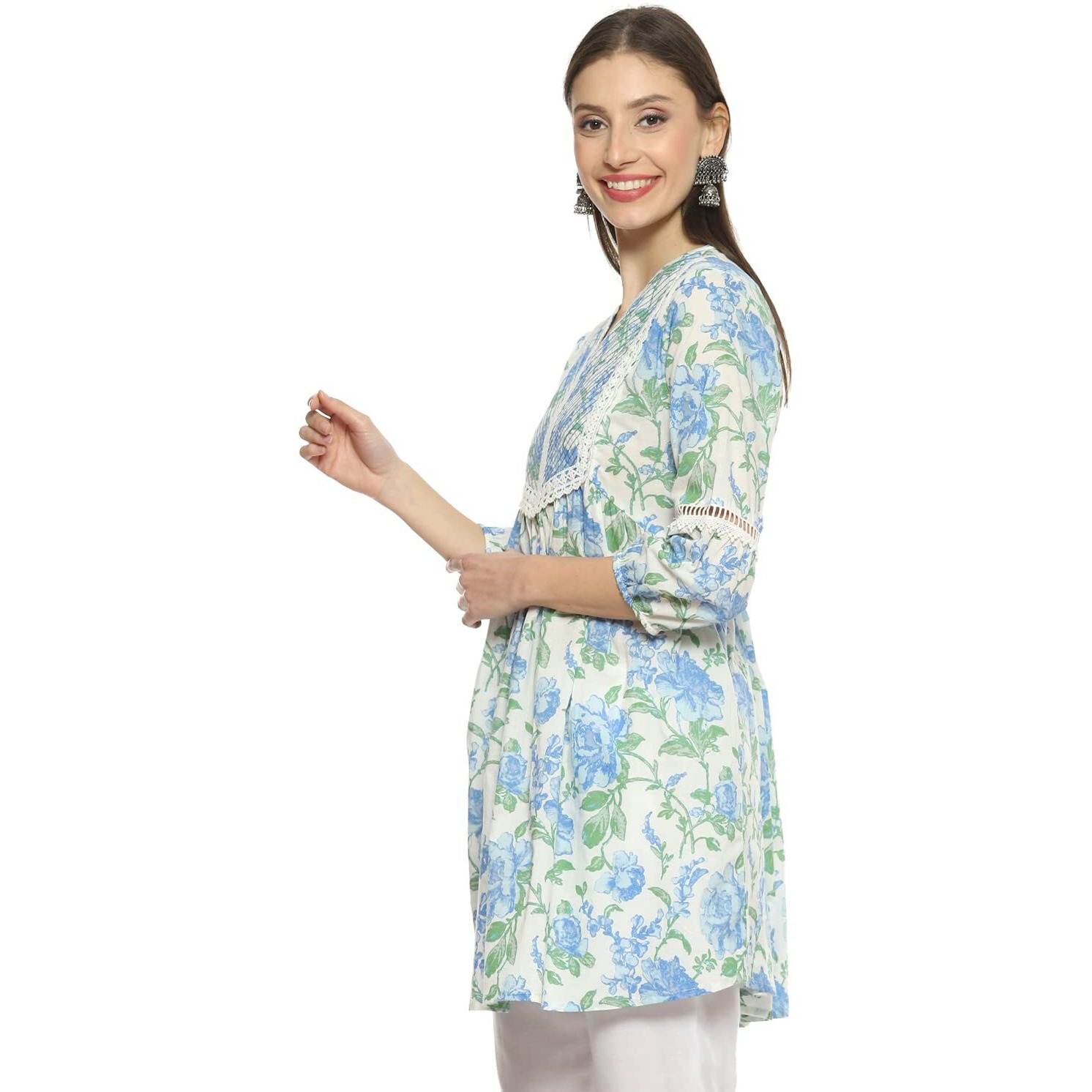 Biba Women's Printed Mix And Match(Roses An19176_Blue_42) - Cotton, Regular, Kurti